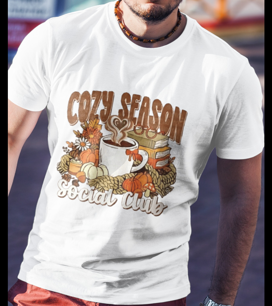 Cozy Season Social Club Coffee Books Pumpkins Knitted Blanket Autumn Vibes T-Shirt