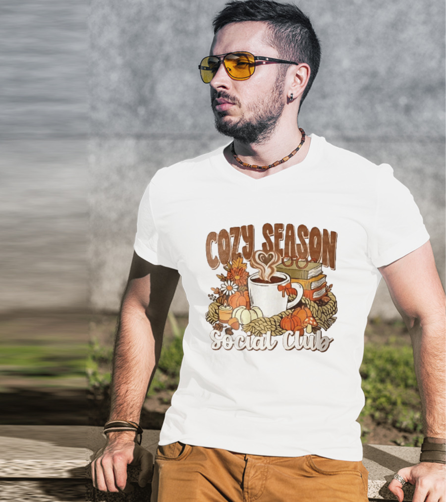 Cozy Season Social Club Coffee Books Pumpkins Knitted Blanket Autumn Vibes T-Shirt