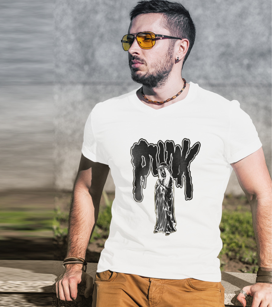 Punk Dripping Hooded Skeleton Praying Crown Of Thorns T-Shirt
