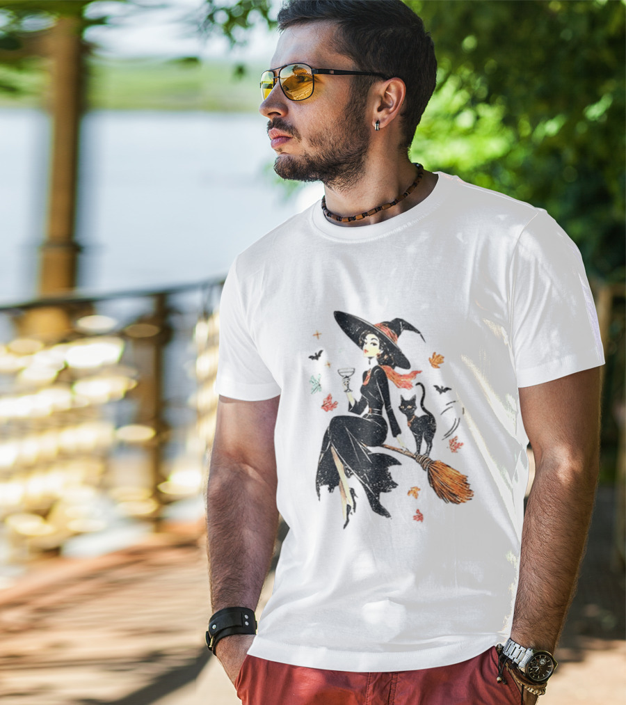 Witch Cat Ringer Spooky Fall Pumpkin Halloween Vintage Witch And Black Cat On Broomstick With Coffee Cup And Autumn Leaves T-Shirt