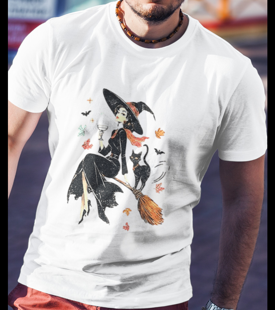 Witch Cat Ringer Spooky Fall Pumpkin Halloween Vintage Witch And Black Cat On Broomstick With Coffee Cup And Autumn Leaves T-Shirt