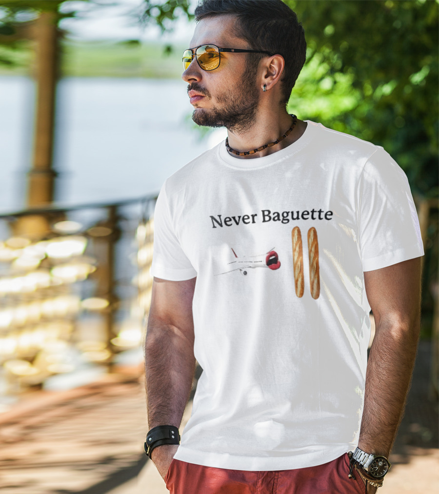 Never Baguette Airplane Red Lips Open Mouth Flying Two French Bread Loaves T-Shirt