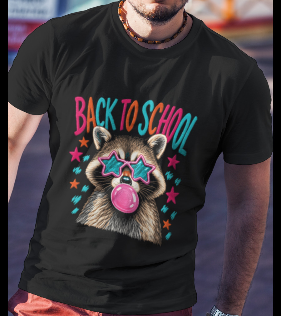 Back To School Raccoon Bubble Gum Star Sunglasses Fun Fashion T-Shirt