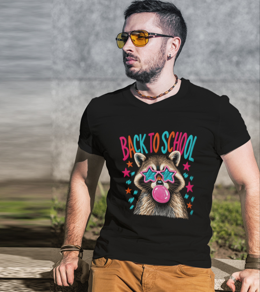 Back To School Raccoon Bubble Gum Star Sunglasses Fun Fashion T-Shirt
