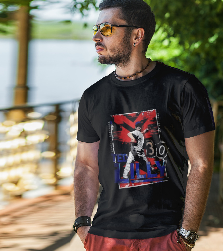 Chicago Baseball MLB Pitcher Ted Lilly 30 Distressed Red Black Collage Throwing Photo T-Shirt