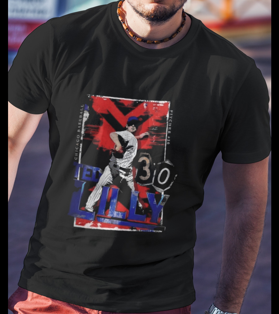 Chicago Baseball MLB Pitcher Ted Lilly 30 Distressed Red Black Collage Throwing Photo T-Shirt