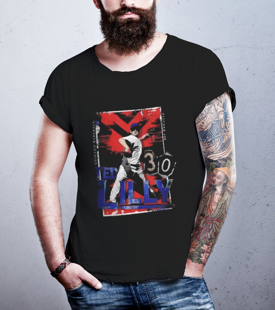 Chicago Baseball MLB Pitcher Ted Lilly 30 Distressed Red Black Collage Throwing Photo T-Shirt