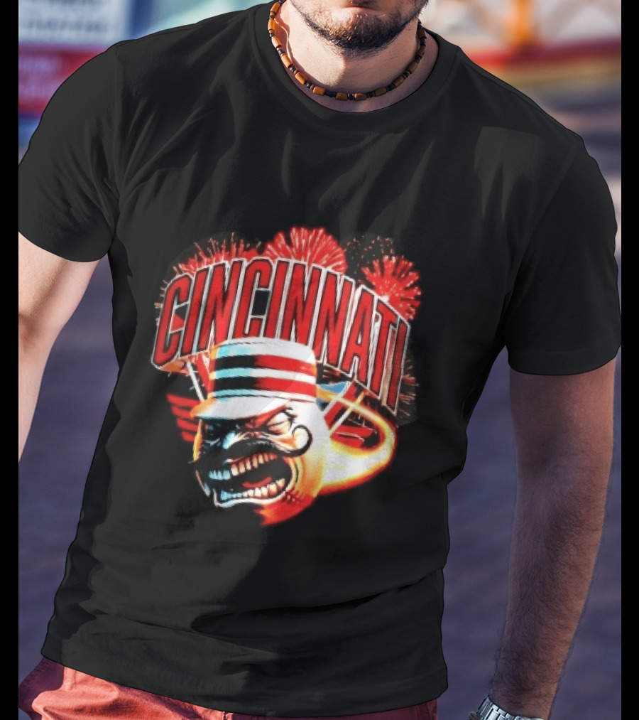 Cincinnati Reds Angry Pillbox Hat Fireball Fireworks MLB T-Shirt