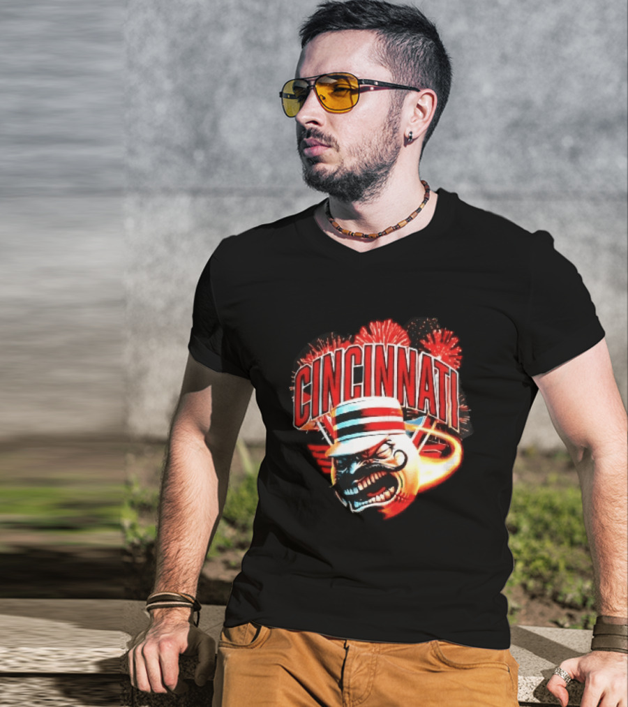 Cincinnati Reds Angry Pillbox Hat Fireball Fireworks MLB T-Shirt