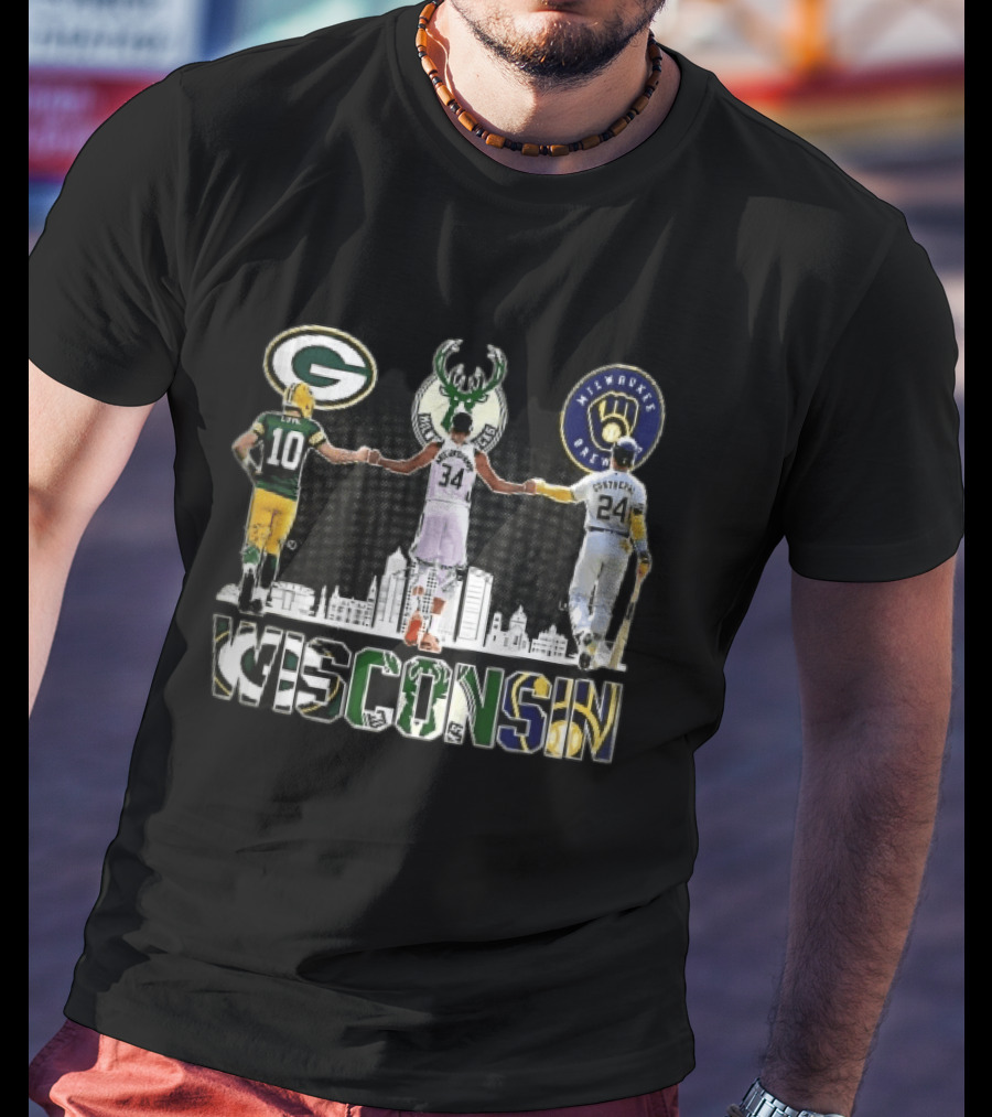 Green Bay Packers Milwaukee Bucks Brewers Wisconsin Antetokounmpo Contreras Love Skyline T-Shirt