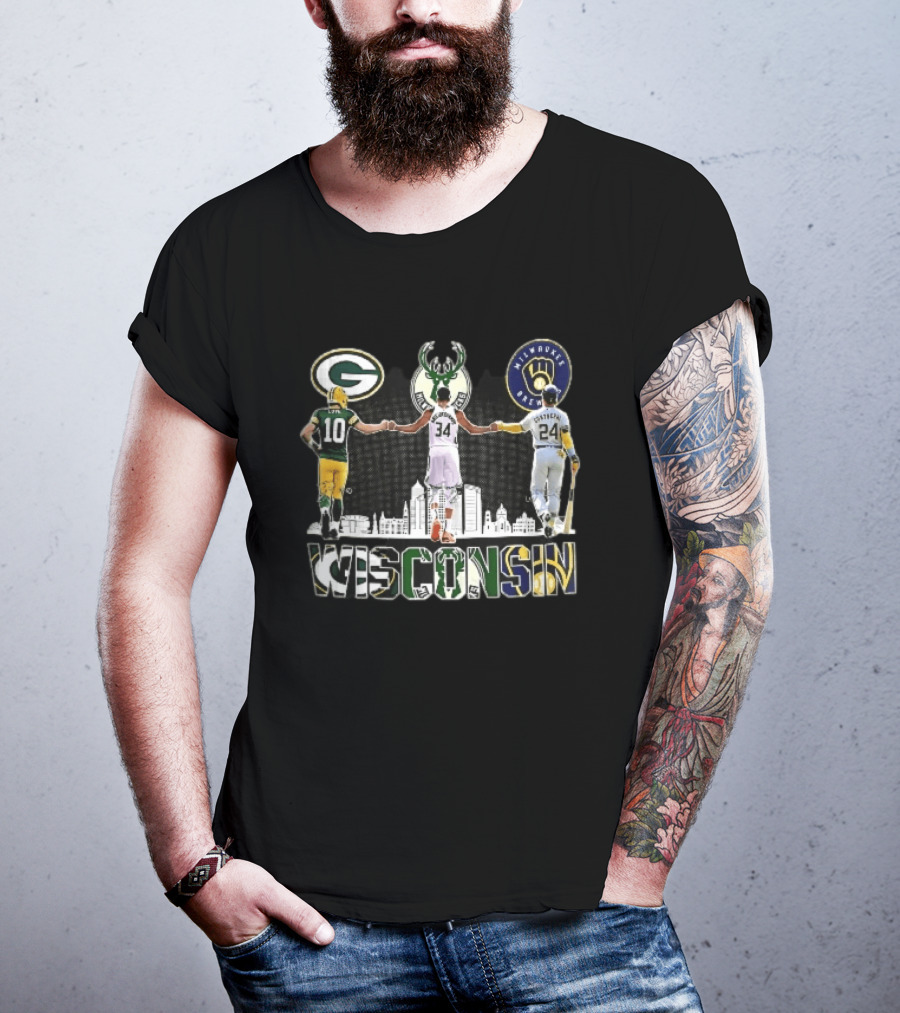 Green Bay Packers Milwaukee Bucks Brewers Wisconsin Antetokounmpo Contreras Love Skyline T-Shirt