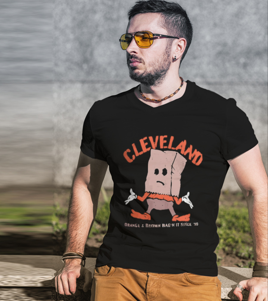 Cleveland Browns Orange Brown Bag N It Since 99 Cartoon Sack Shrugging T-Shirt