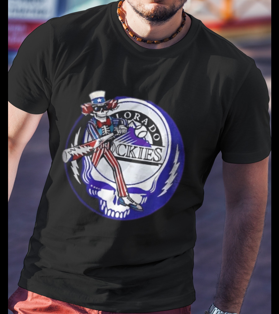 Colorado Rockies Grateful Dead Uncle Sam Skeleton Batting Lightning Stealie Skull T-Shirt