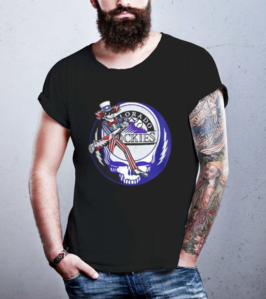 Colorado Rockies Grateful Dead Uncle Sam Skeleton Batting Lightning Stealie Skull T-Shirt