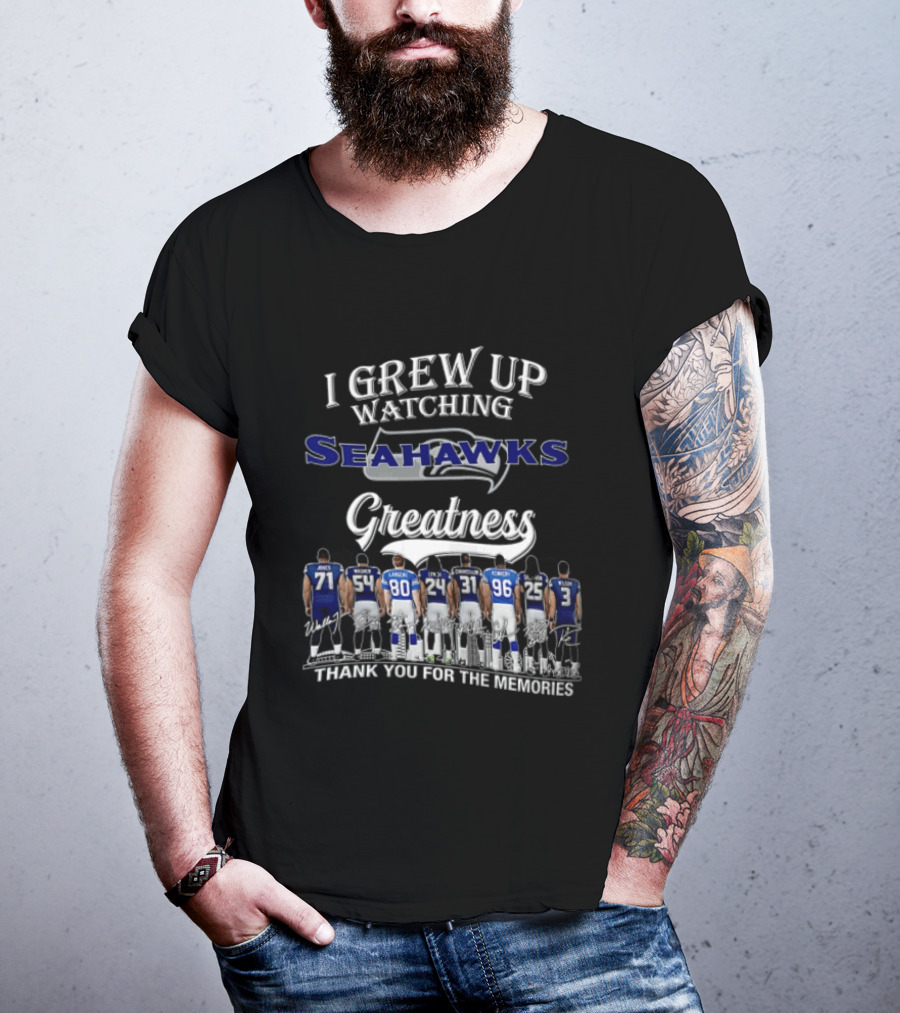I Grew Up Ing Seahawks Greatness Thank You For The Memories Jones Engram Largent Alexander Wilson Kennedy Griffith T-Shirt