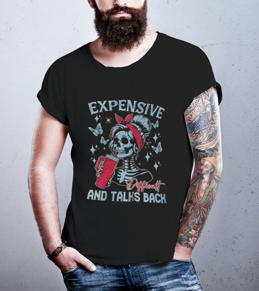 Expensive Difficult And Talks Back Skeleton With Glitter Tumbler Butterflies Stars Red Bandana T-Shirt