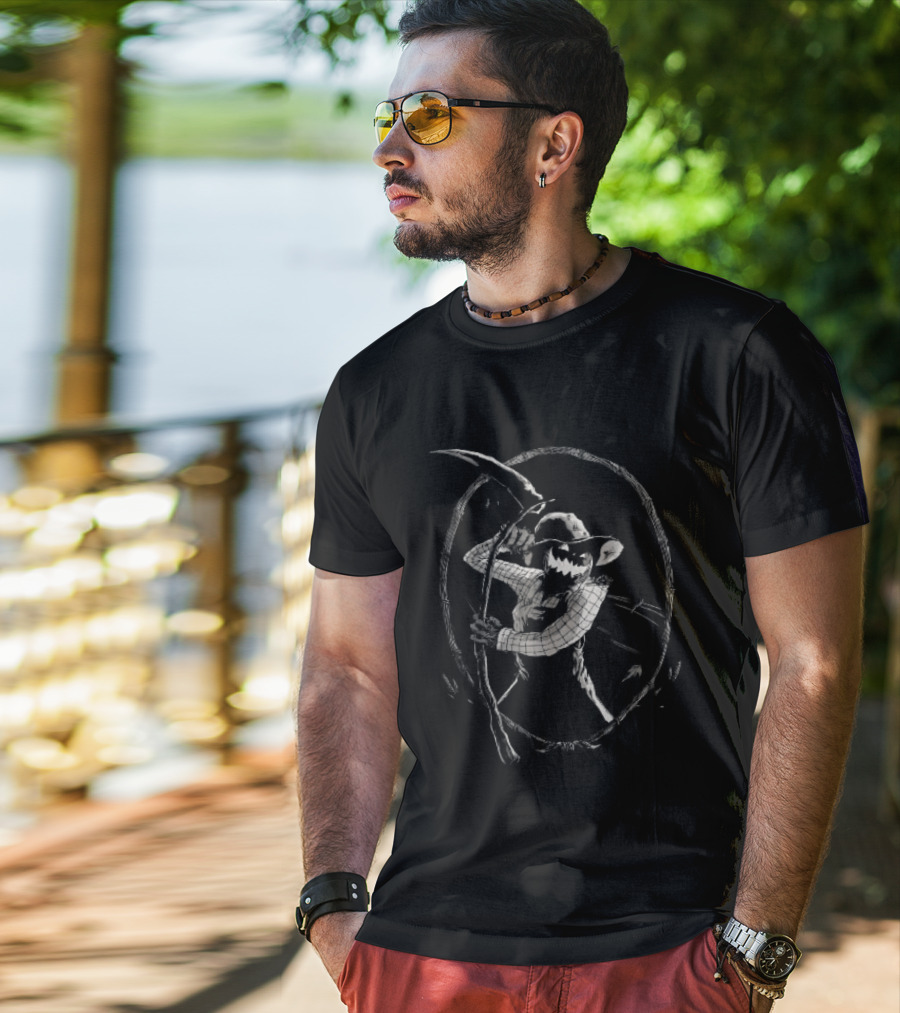 Jack O Lantern Scarecrow Holding Scythe Oval Twig Frame T-Shirt