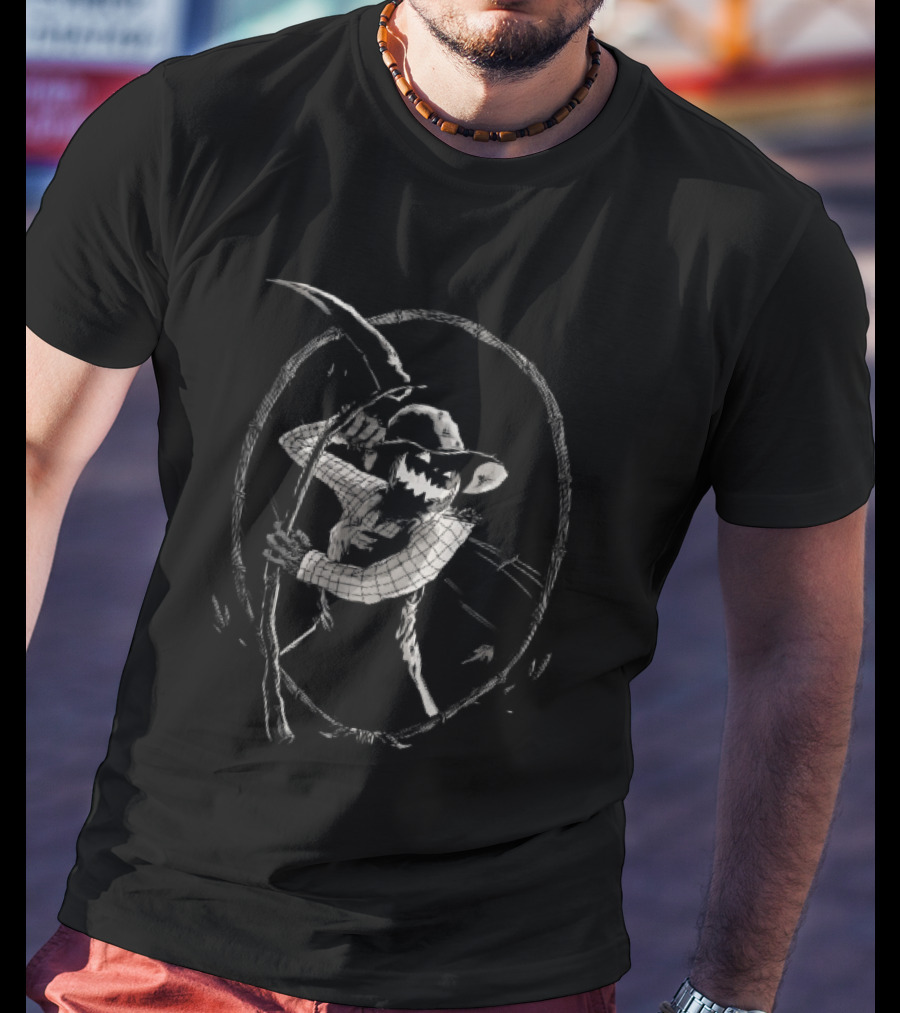 Jack O Lantern Scarecrow Holding Scythe Oval Twig Frame T-Shirt