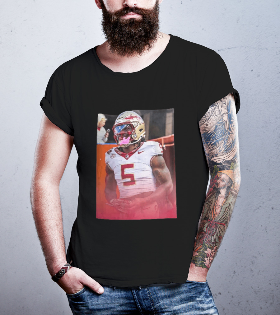 Florida State Seminoles NCAA Football Player Pink Mouthguard Red Gradient T-Shirt