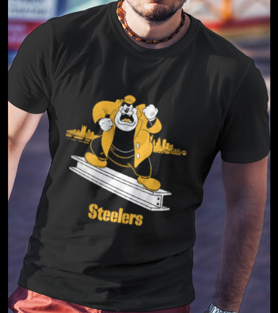 Pittsburgh Steelers Cartoon Pete On Steel Beam Cityscape T-Shirt