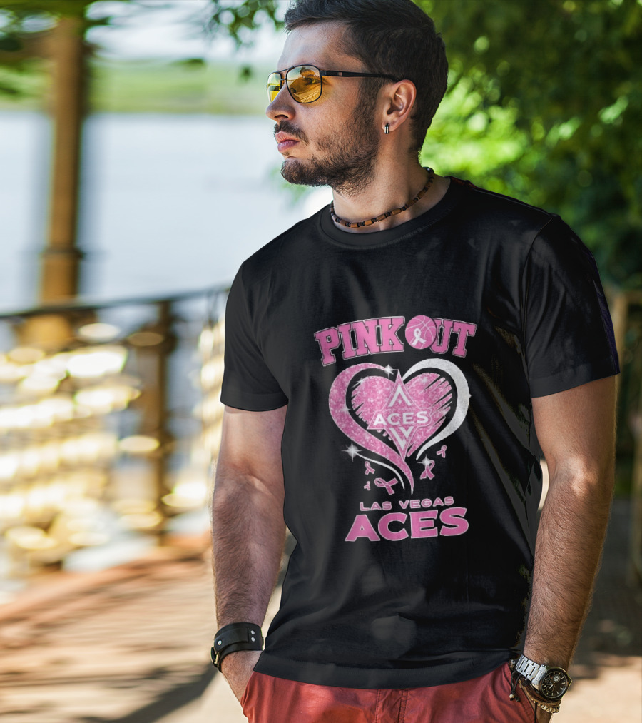 Las Vegas Aces Pink Out Glitter Heart Breast Cancer Awareness Ribbons WNBA T-Shirt