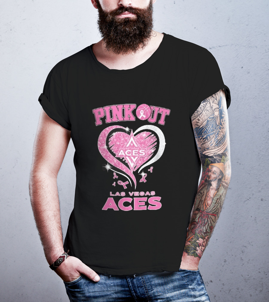 Las Vegas Aces Pink Out Glitter Heart Breast Cancer Awareness Ribbons WNBA T-Shirt