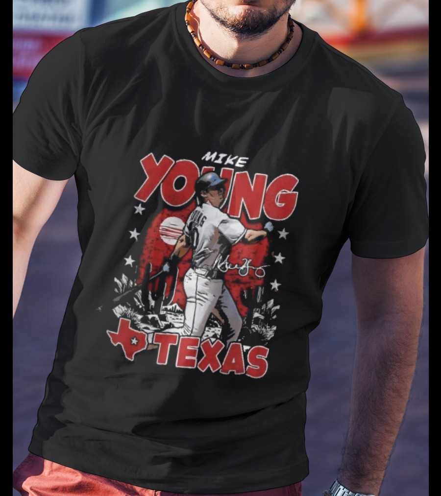 Texas Rangers MLB Mike Young Batting Cactus Red Sunset Stars T-Shirt