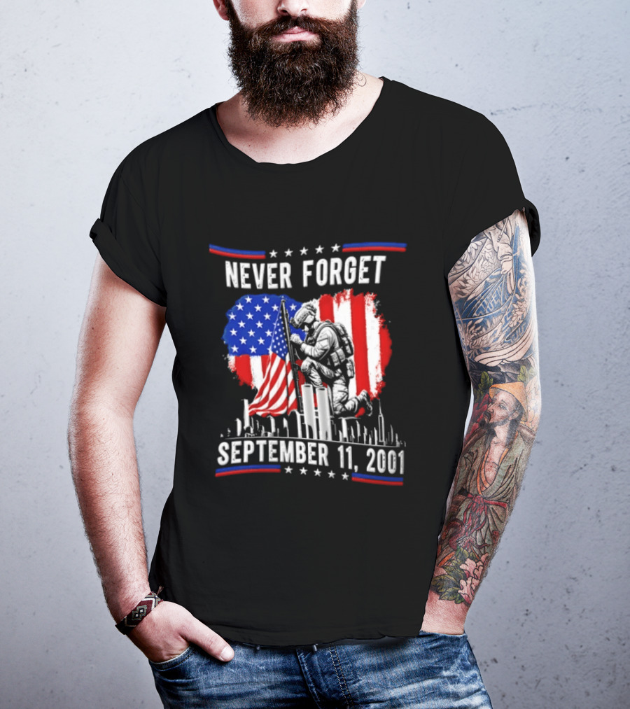 Never Forget September 11 2001 Soldier American Flag Memorial T-Shirt