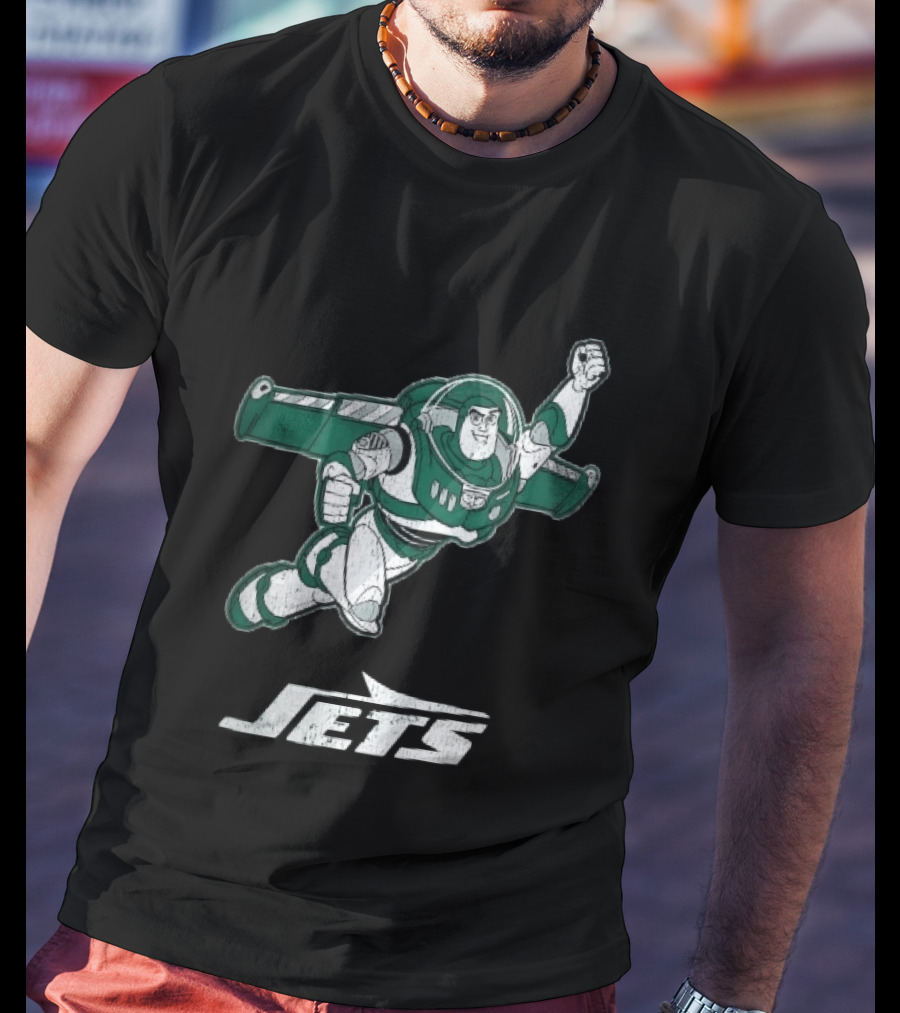 Buzz Lightyear Flying New York Jets Distressed Cartoon T-Shirt