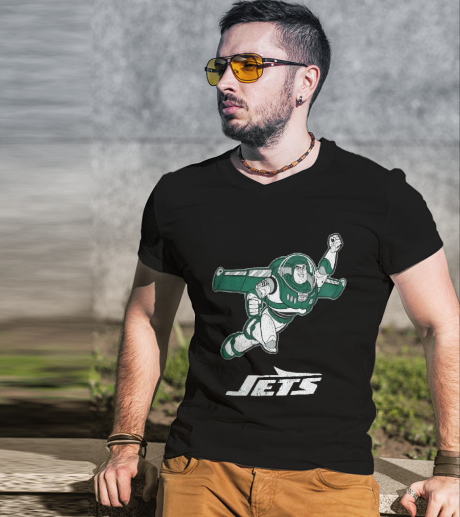 Buzz Lightyear Flying New York Jets Distressed Cartoon T-Shirt
