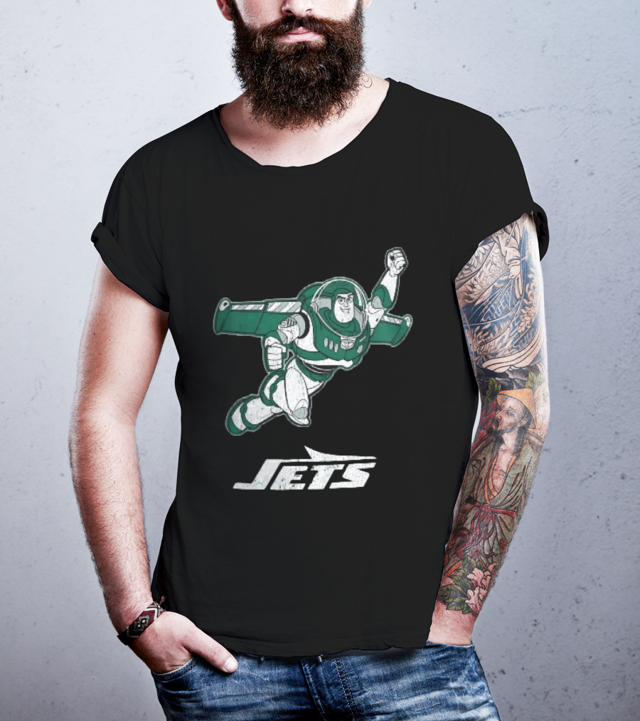Buzz Lightyear Flying New York Jets Distressed Cartoon T-Shirt