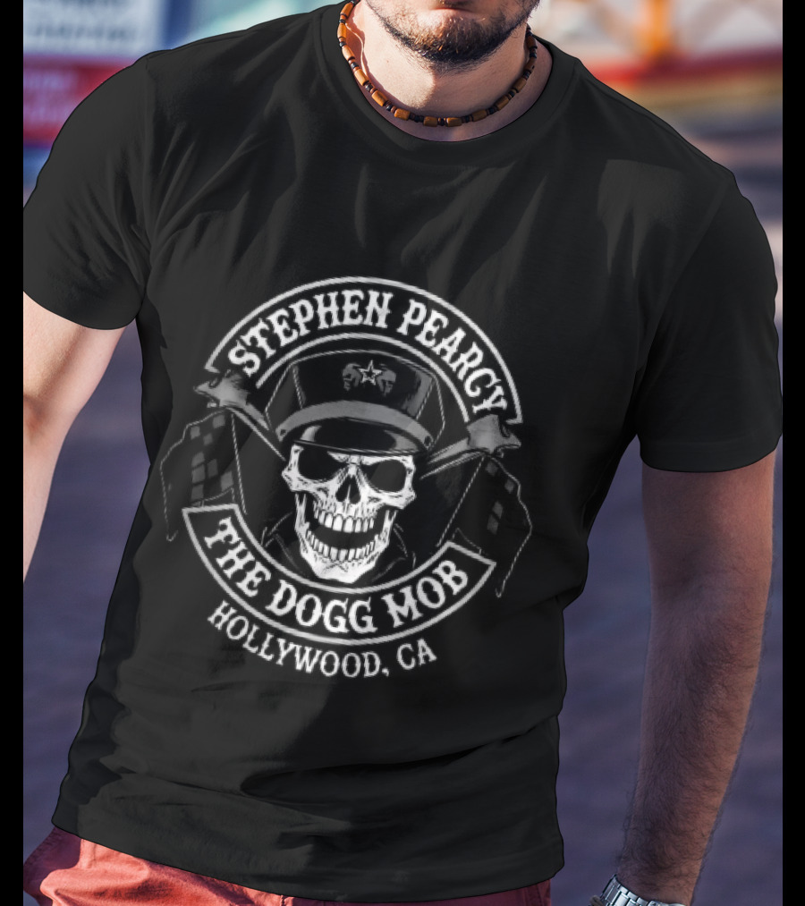 Stephen Pearcy The Dogg Mob Hollywood CA Skull Biker Cap Checkered Flags T-Shirt