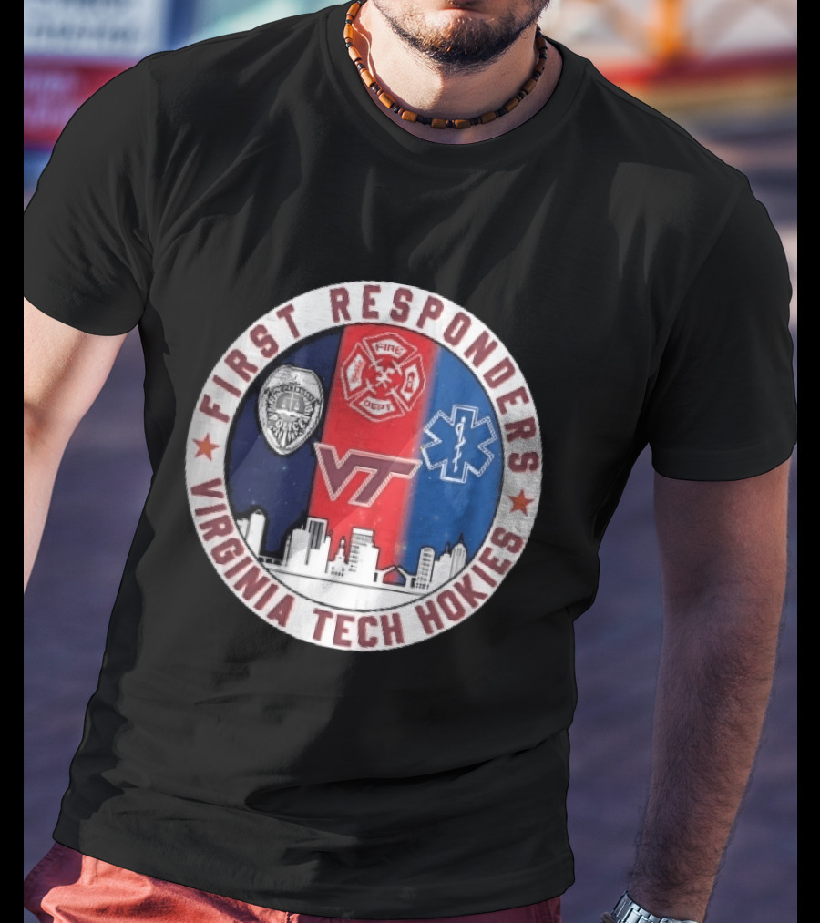 Virginia Tech Hokies First Responders Police Fire Dept EMS Star Skyline T-Shirt