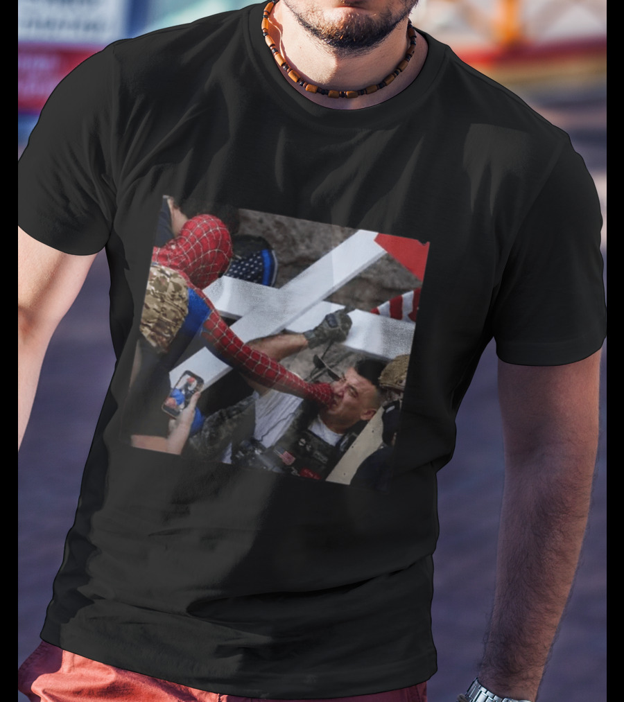 Spiderman Punching Man Holding Cross And Flag Image T-Shirt