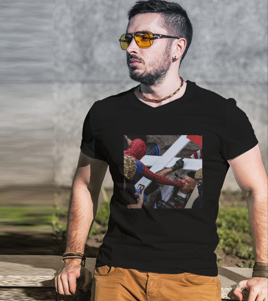 Spiderman Punching Man Holding Cross And Flag Image T-Shirt