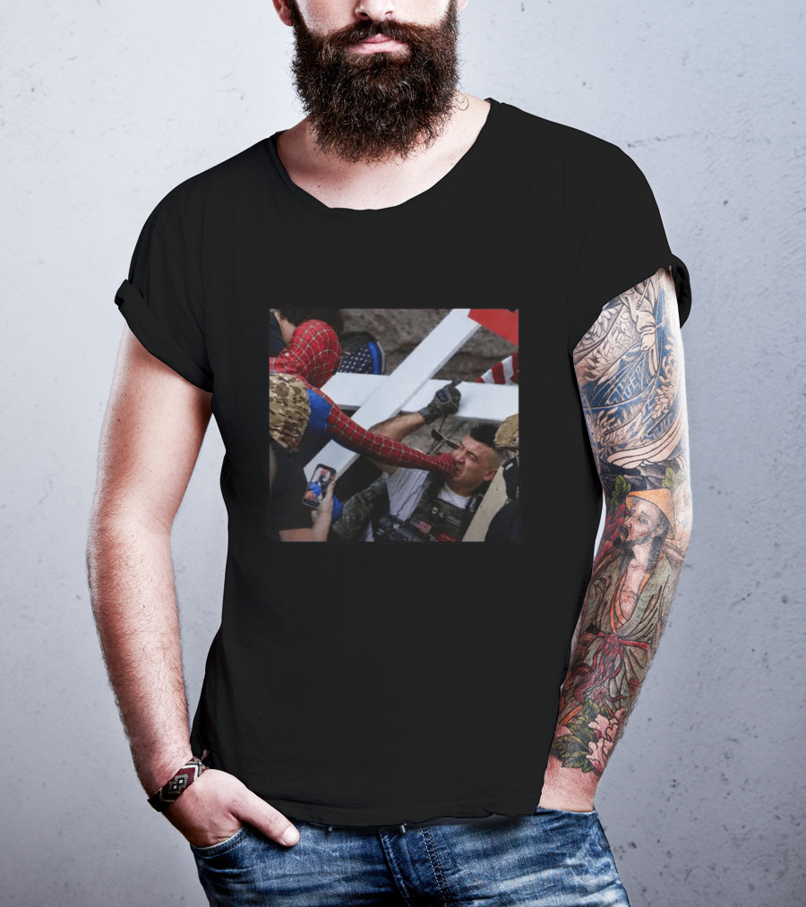 Spiderman Punching Man Holding Cross And Flag Image T-Shirt