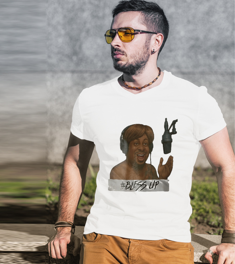 Bless Up Smiling Man Headphones Microphone Caricature T-Shirt