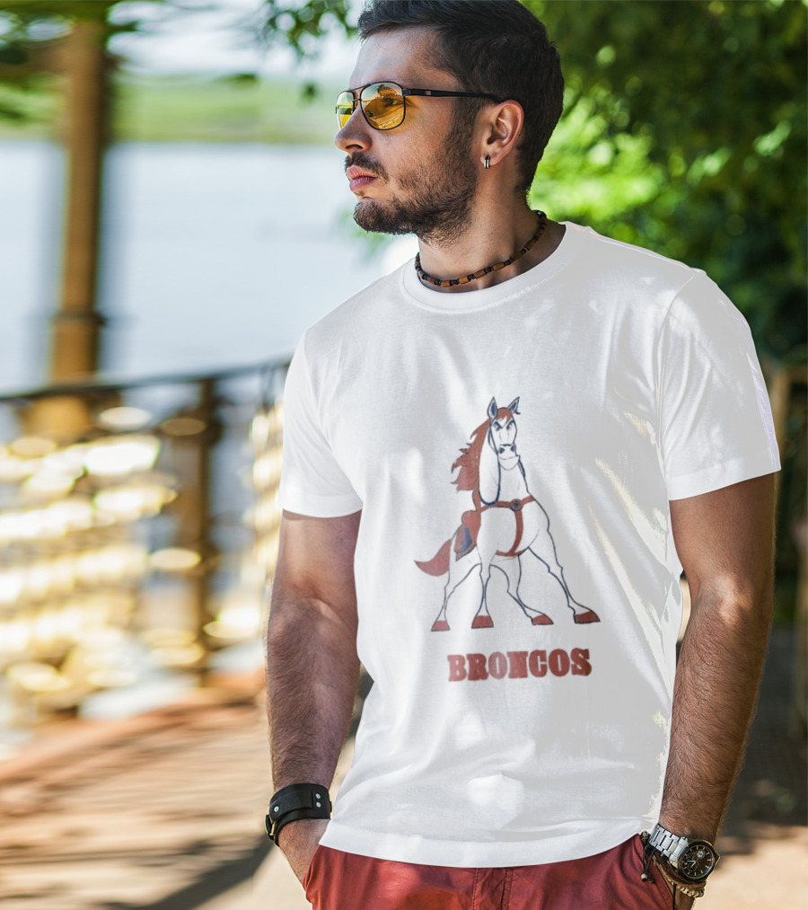 Denver Broncos Cartoon White Horse Orange Mane Harness Broncos T-Shirt