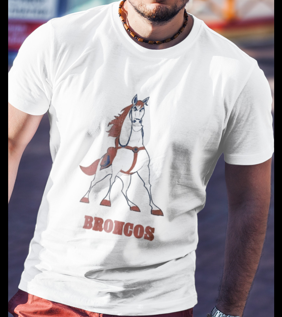 Denver Broncos Cartoon White Horse Orange Mane Harness Broncos T-Shirt