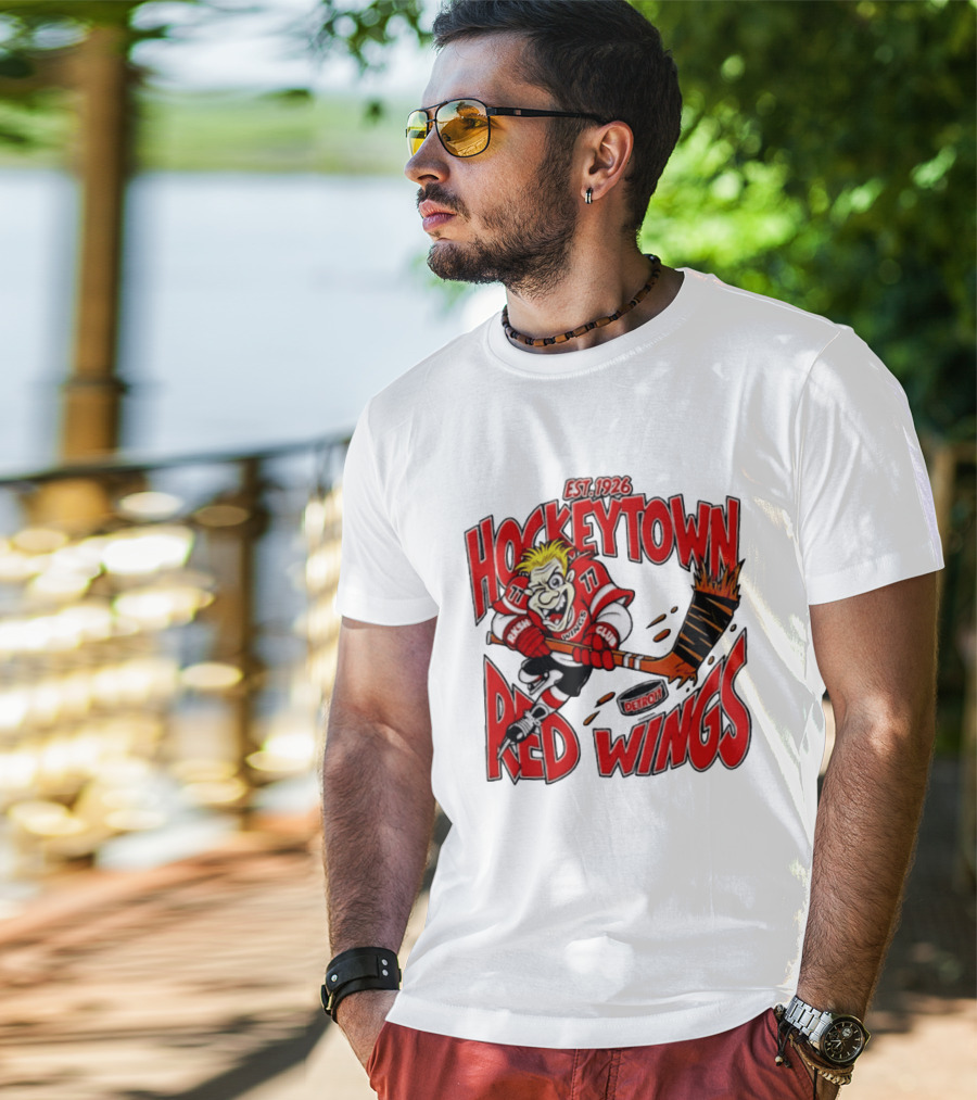Detroit Red Wings Hockeytown Est. 1926 Vintage Cartoon Player With Flaming Hockey Stick T-Shirt