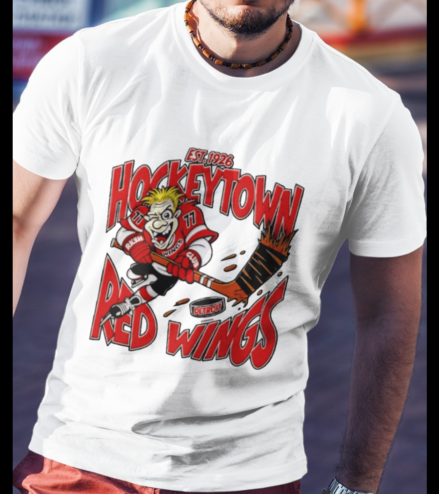 Detroit Red Wings Hockeytown Est. 1926 Vintage Cartoon Player With Flaming Hockey Stick T-Shirt