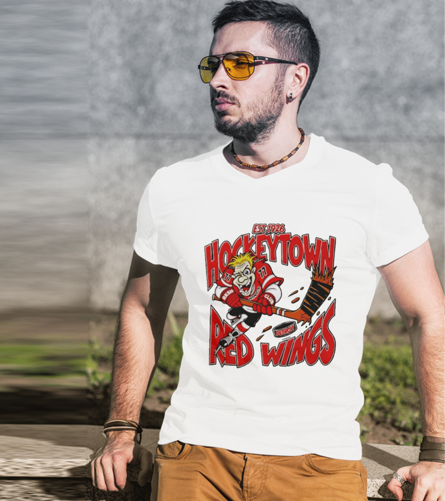 Detroit Red Wings Hockeytown Est. 1926 Vintage Cartoon Player With Flaming Hockey Stick T-Shirt