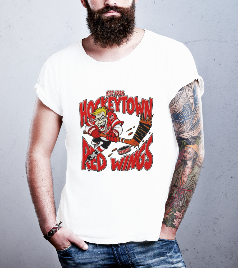 Detroit Red Wings Hockeytown Est. 1926 Vintage Cartoon Player With Flaming Hockey Stick T-Shirt