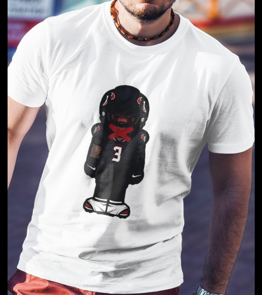 Houston Texans Cartoon Caricature Player Jersey Number 3 Red X Mouth T-Shirt