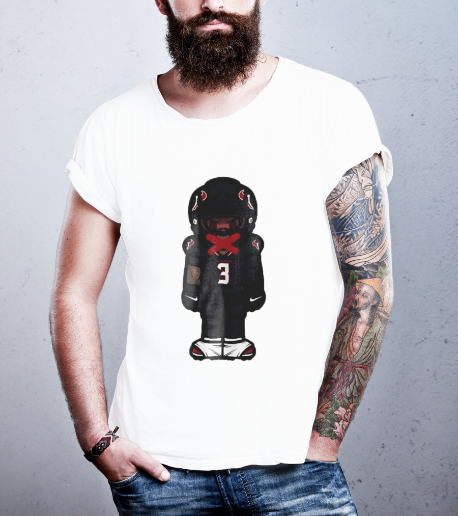 Houston Texans Cartoon Caricature Player Jersey Number 3 Red X Mouth T-Shirt