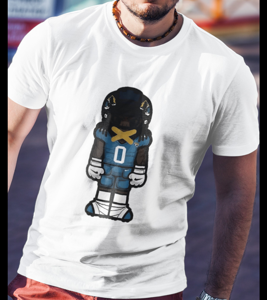 Jacksonville Jaguars Cartoon Caricature Player Jersey 0 Gold Tape Football Team Merchandise T-Shirt