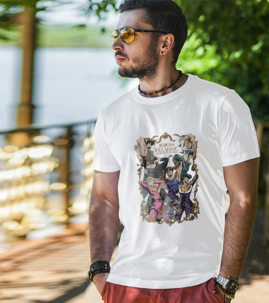 JoJo's Bizarre Adventure Characters Posing In Ornate Gold Frame With Stone Mask T-Shirt