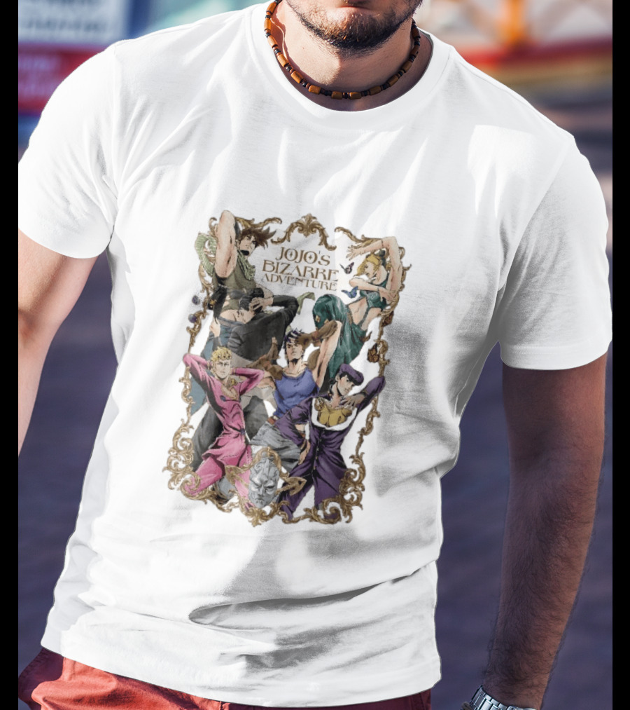 JoJo's Bizarre Adventure Characters Posing In Ornate Gold Frame With Stone Mask T-Shirt