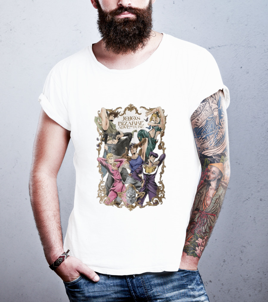 JoJo's Bizarre Adventure Characters Posing In Ornate Gold Frame With Stone Mask T-Shirt