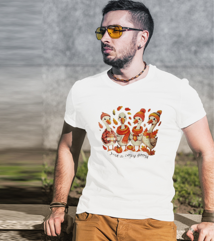 Cozy Goose Autumn Theme Four Cartoon Birds Leaves Pumpkins T-Shirt